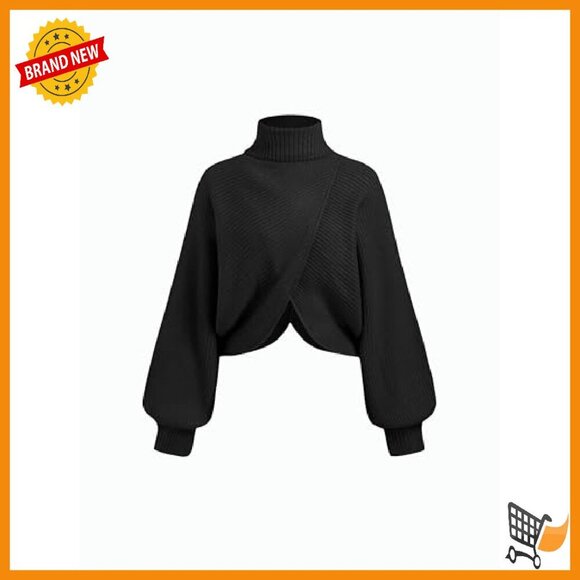 Cropped Turtleneck Sweater Ribbed Knit Lantern Sleeve Pullover Fall - Picture 2 of 8